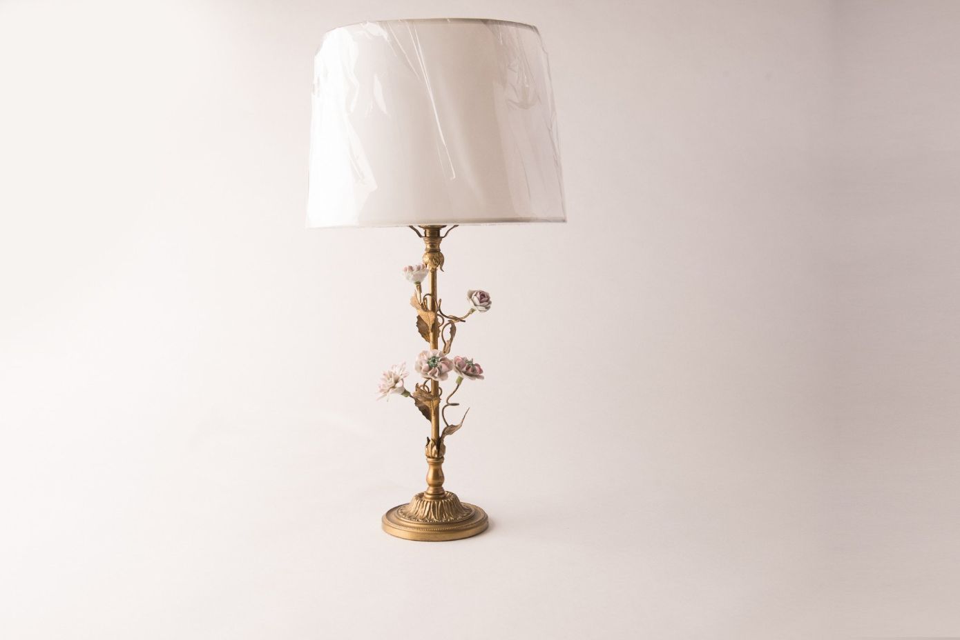 Bronze Floral Lamp with Porcelain Flowers